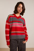 DAMSON MADDER Rene merino wool v jumper pink red stripe