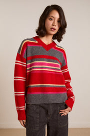 DAMSON MADDER Rene merino wool v jumper pink red stripe
