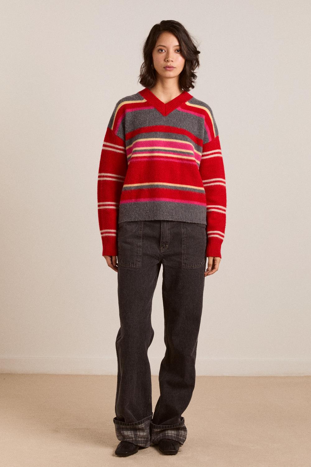 DAMSON MADDER Rene merino wool v jumper pink red stripe