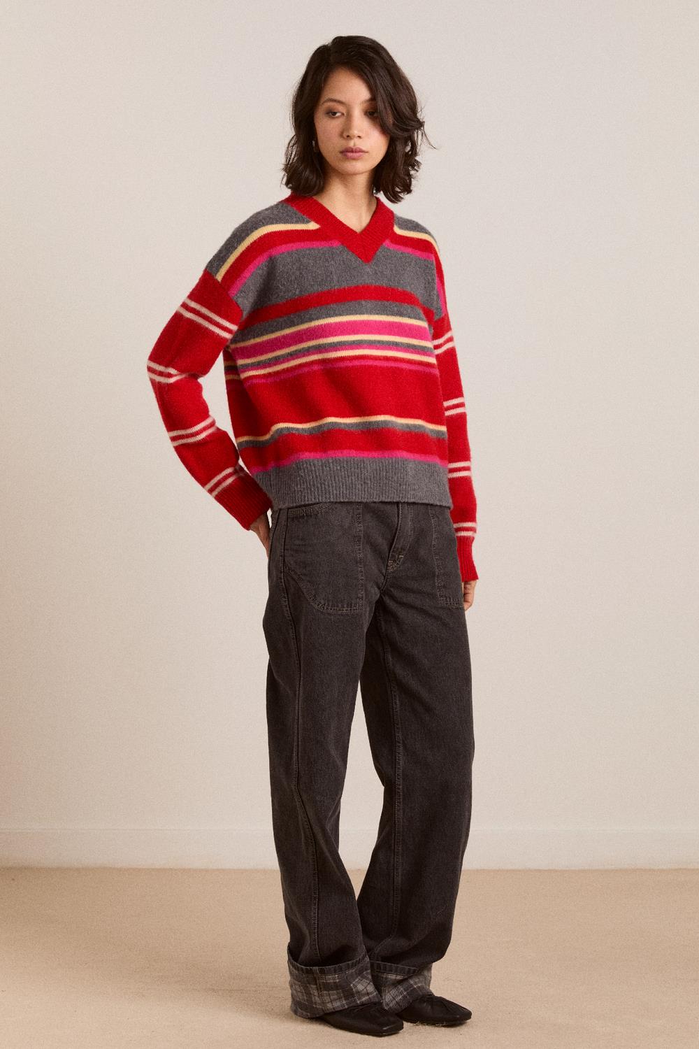DAMSON MADDER Rene merino wool v jumper pink red stripe
