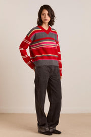 DAMSON MADDER Rene merino wool v jumper pink red stripe