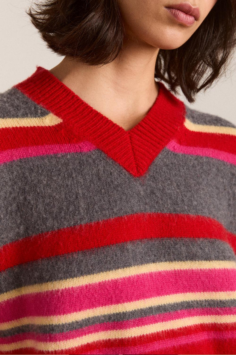 DAMSON MADDER Rene merino wool v jumper pink red stripe
