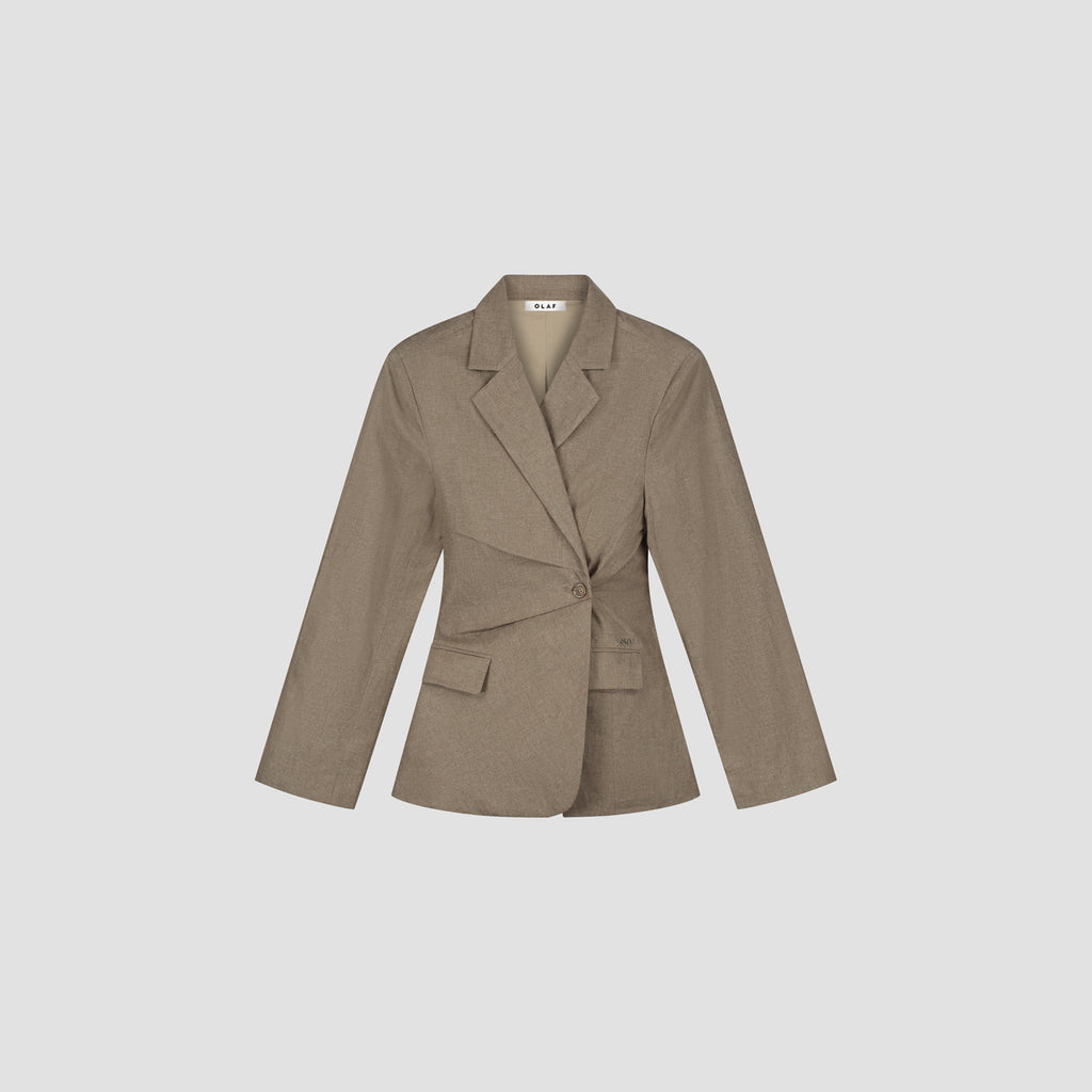 OLAF HUSSEIN Asymmetric linen blazer taupe