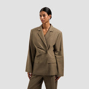 OLAF HUSSEIN Asymmetric linen blazer taupe