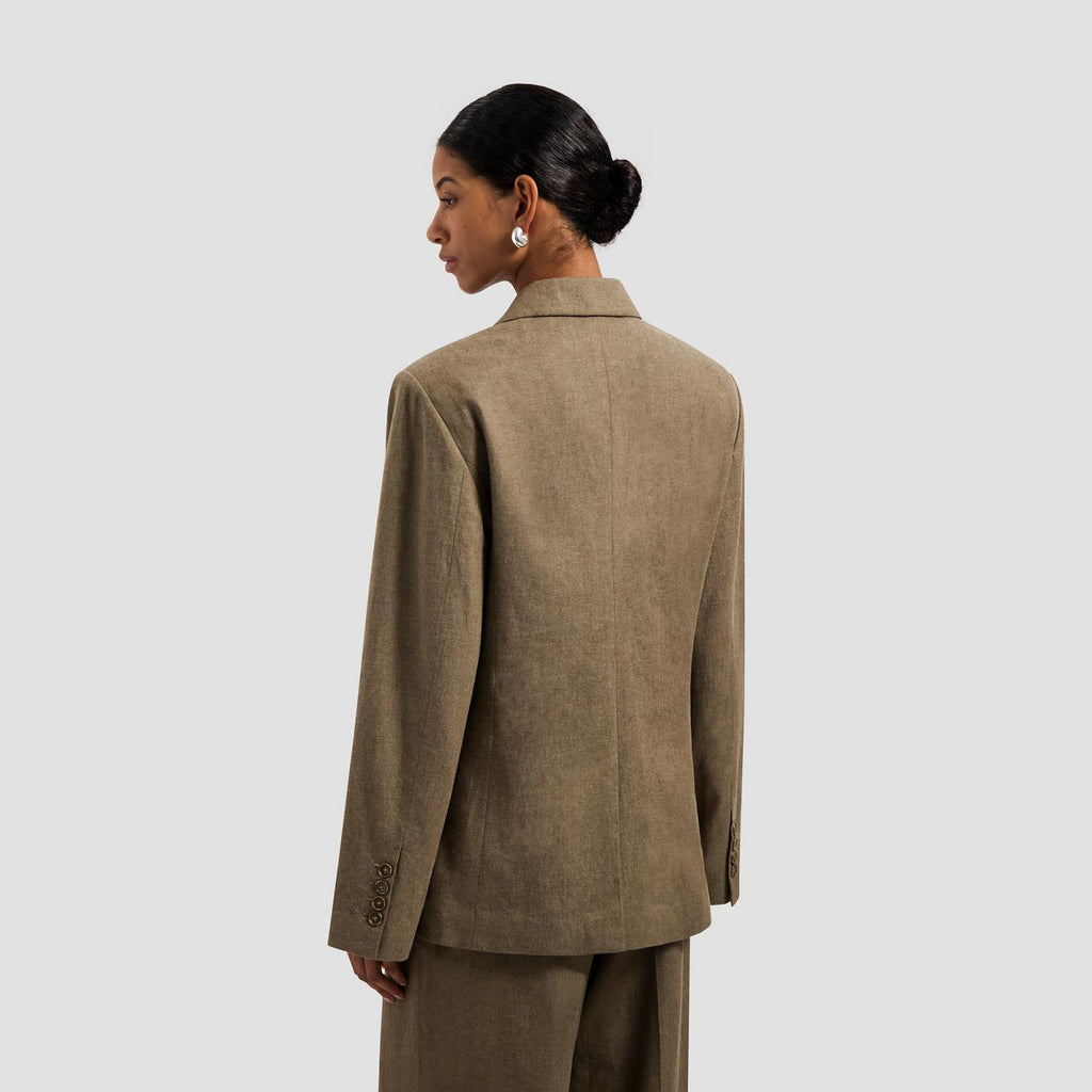 OLAF HUSSEIN Asymmetric linen blazer taupe