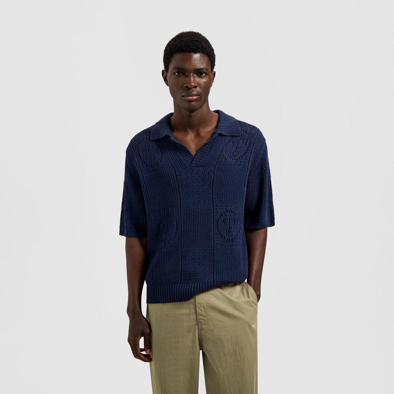 OLAF HUSSEIN Face logo knit polo navy blue