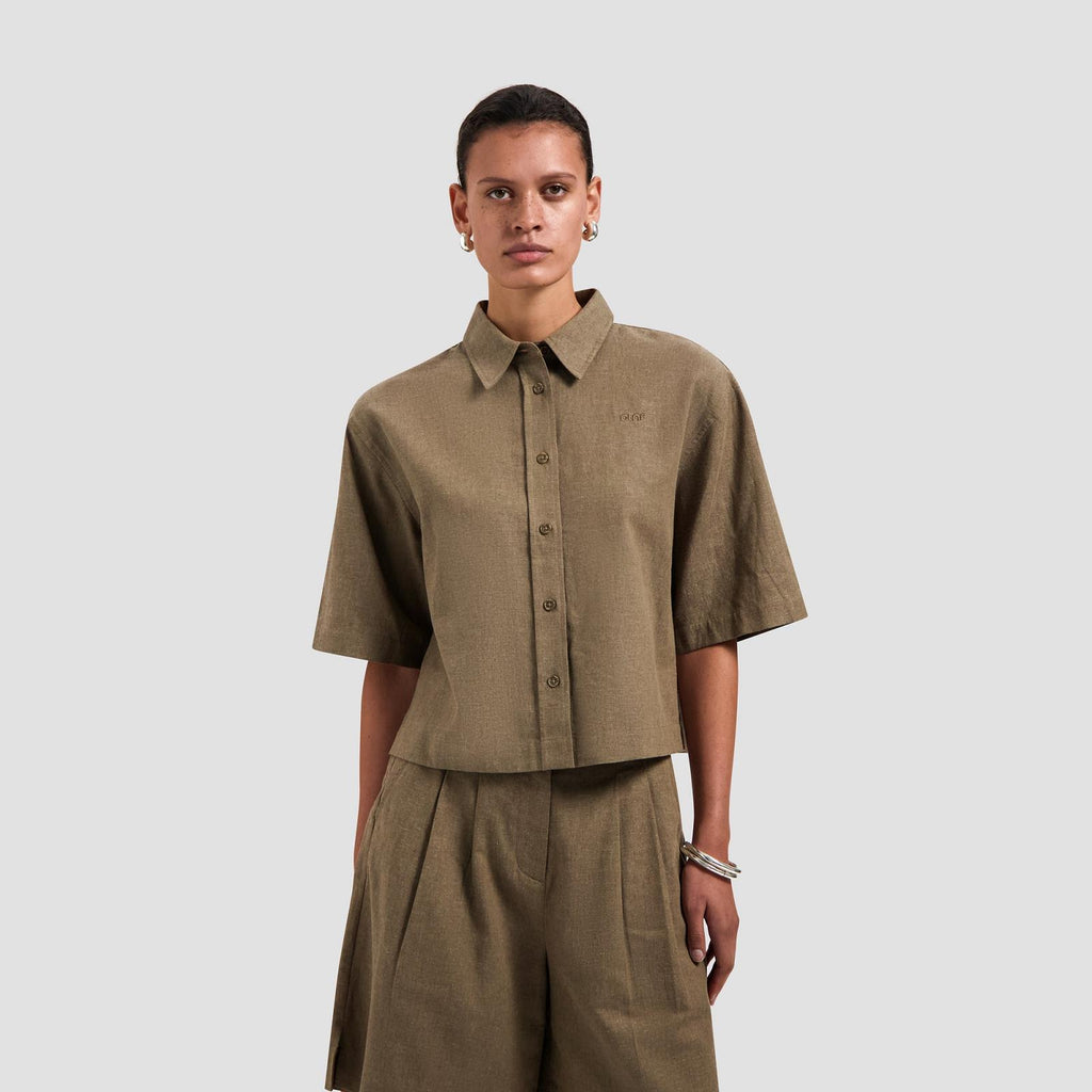 OLAF HUSSEIN Linen short sleeve shirt taupe