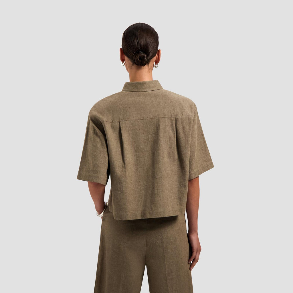OLAF HUSSEIN Linen short sleeve shirt taupe