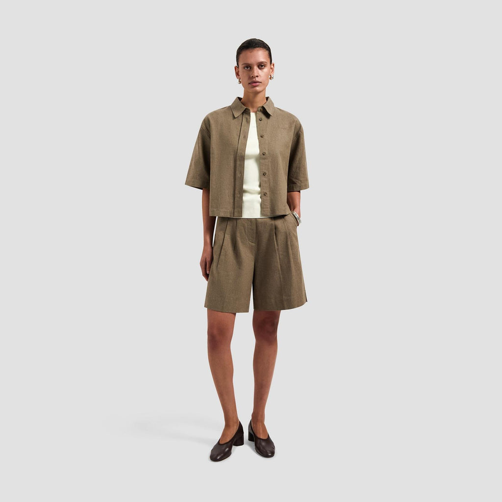OLAF HUSSEIN Linen short sleeve shirt taupe