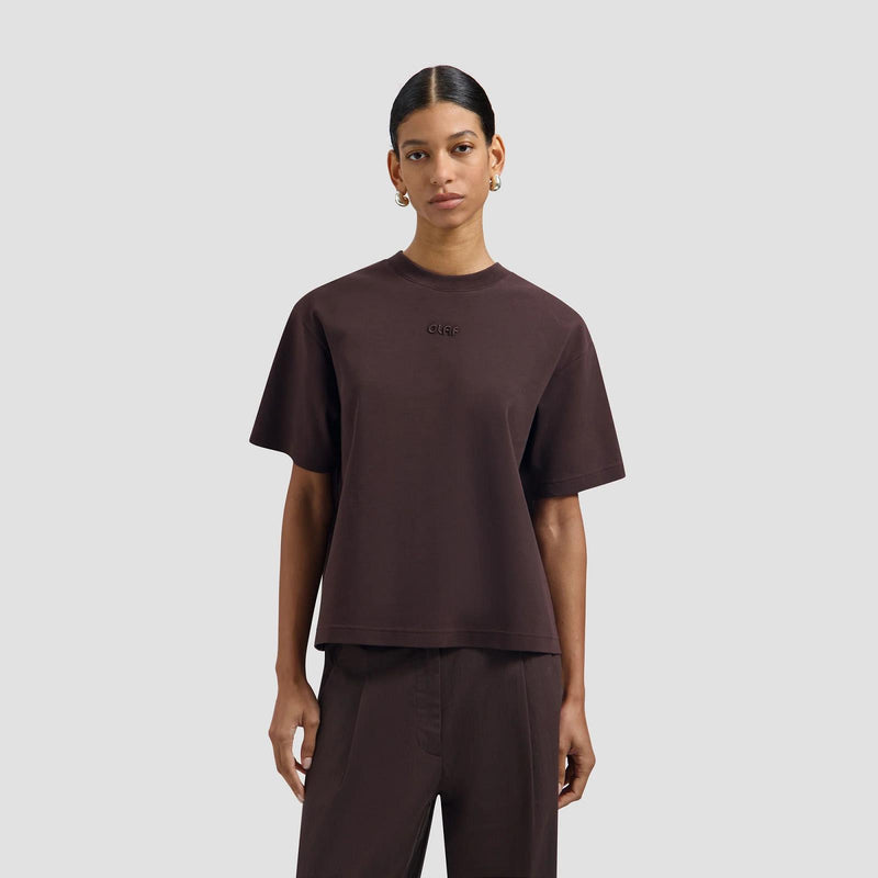OLAF HUSSEIN Retro logo boxy tee chocolate plum