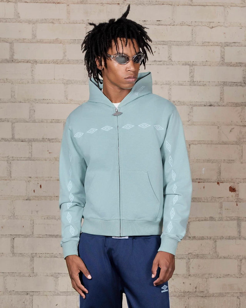 PLEASURES X UMBRO Diamonds zip fitted hoodie sage