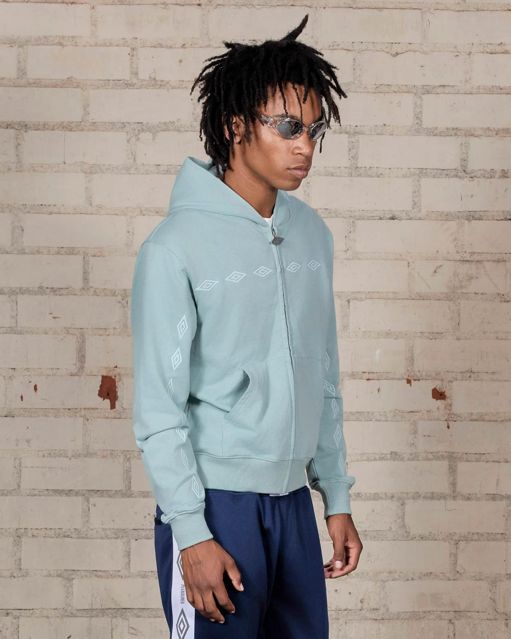 PLEASURES X UMBRO Diamonds zip fitted hoodie sage