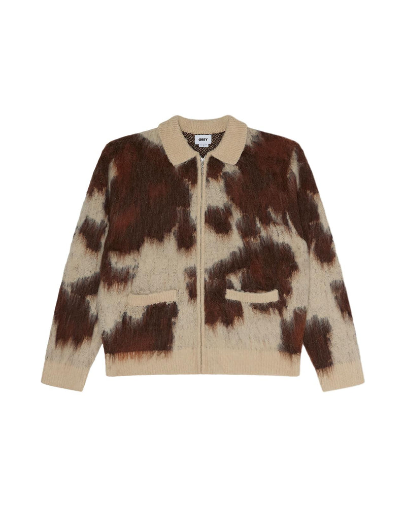 COW PATTERN ZIP SWEATER