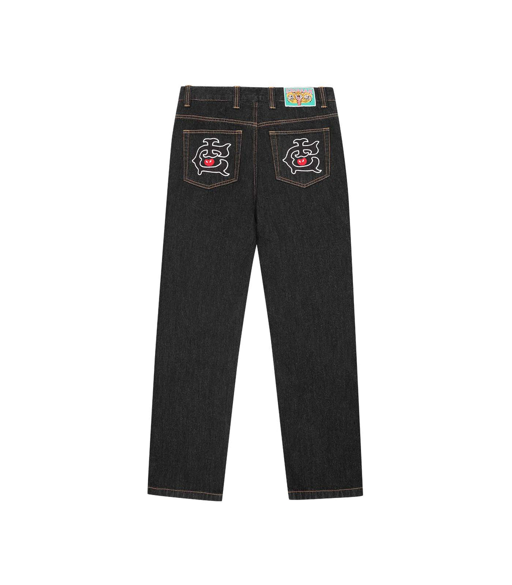 EMBROIDERED DOUBLE SCOOP DENIM PANTS