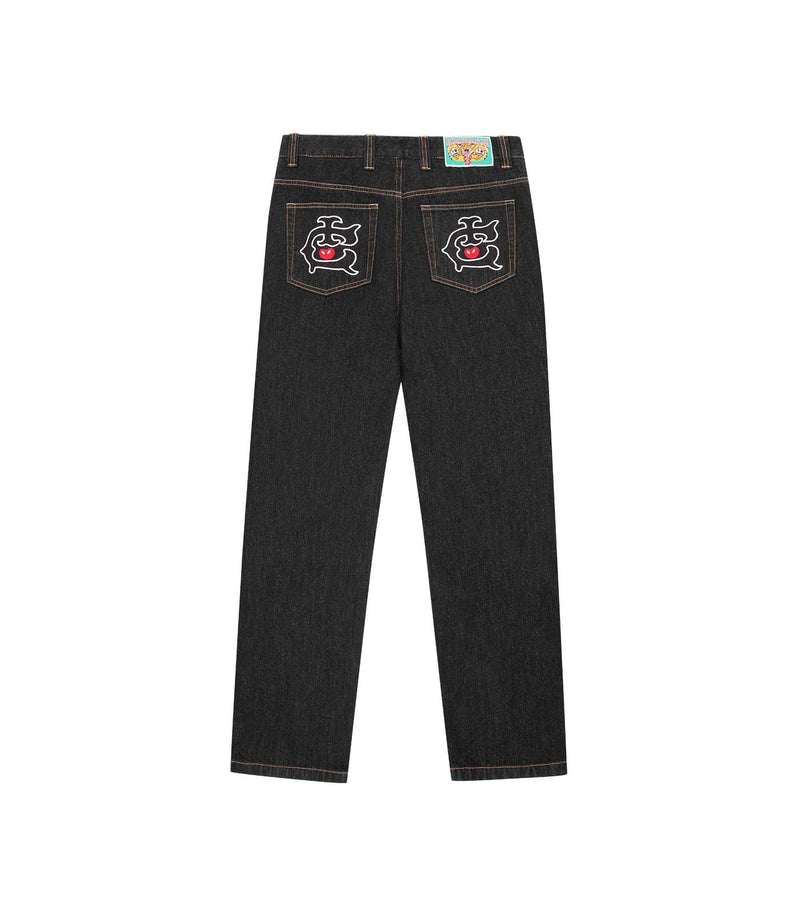EMBROIDERED DOUBLE SCOOP DENIM PANTS