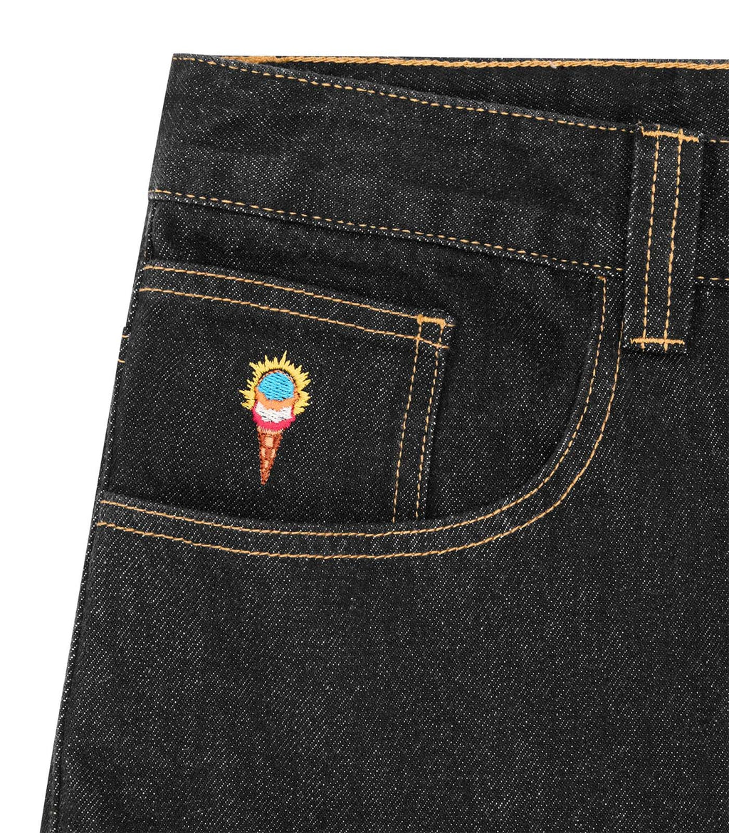 EMBROIDERED DOUBLE SCOOP DENIM PANTS