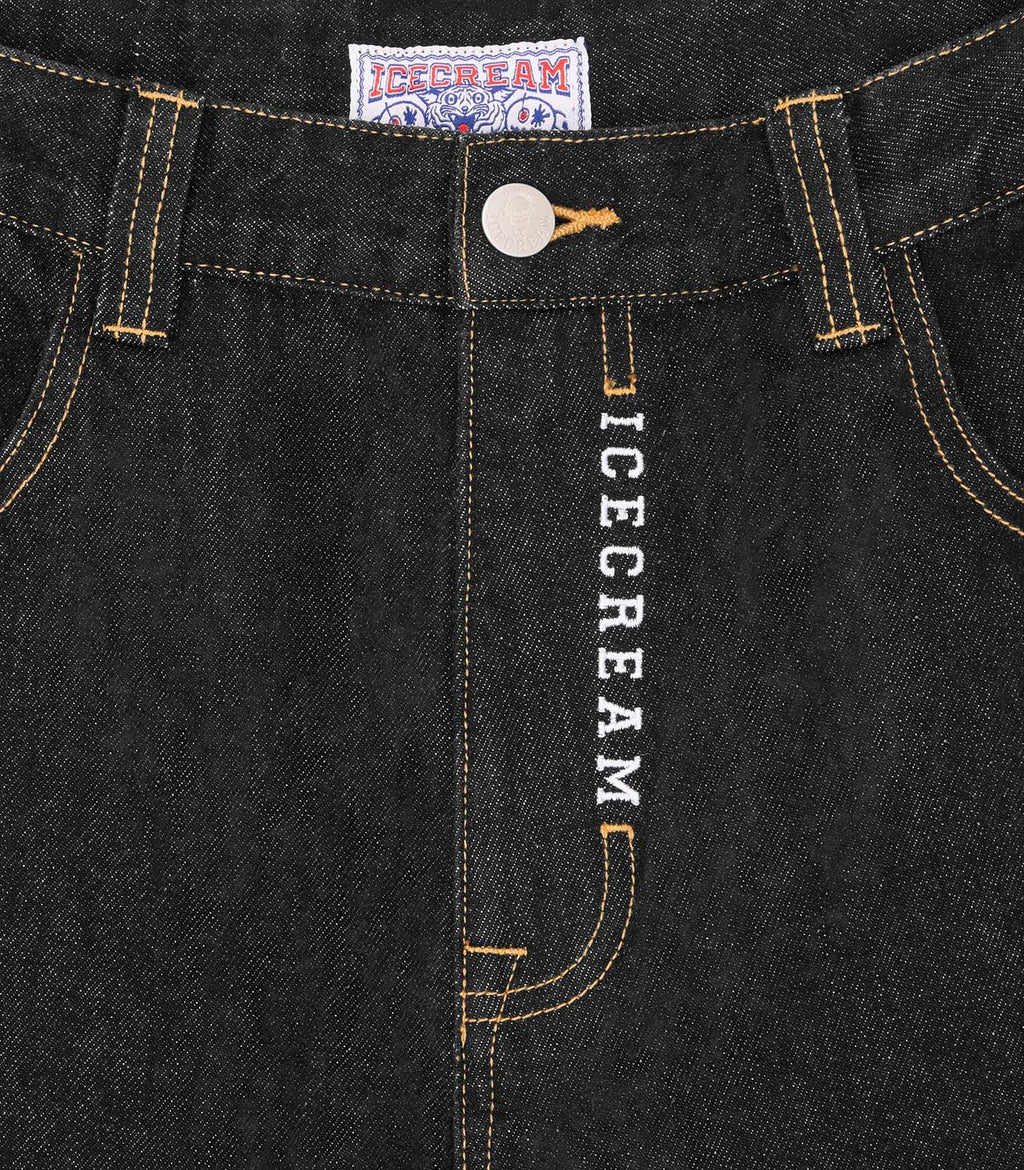 EMBROIDERED DOUBLE SCOOP DENIM PANTS